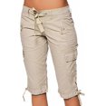 thumbnail image 1 of Bermudas para mujer, pantalones cortos hasta la rodilla, cintura baja, cordón en la cintura, bolsillo con solapa, pantalones cortos, moda 2023, pantalones cargo caqui, XX-Large, 1 of 5
