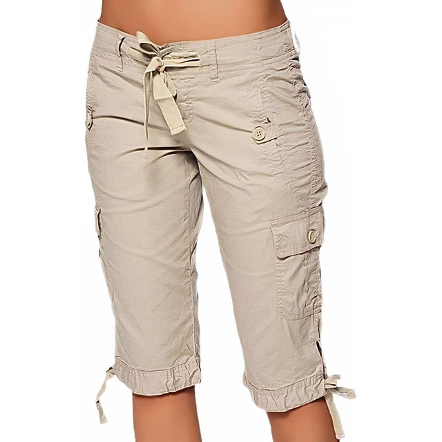 Bermudas para mujer, pantalones cortos hasta la rodilla, cintura baja, cordón en la cintura, bolsillo con solapa, pantalones cortos, moda 2023, pantalones cargo caqui, XX-Large