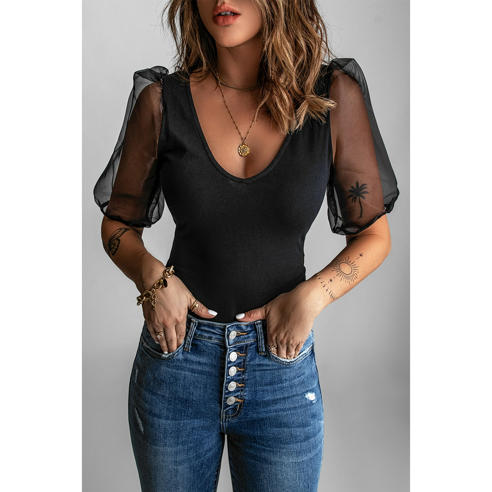 Women's Black Mesh Puff Sleeve Top - Walmart.ca