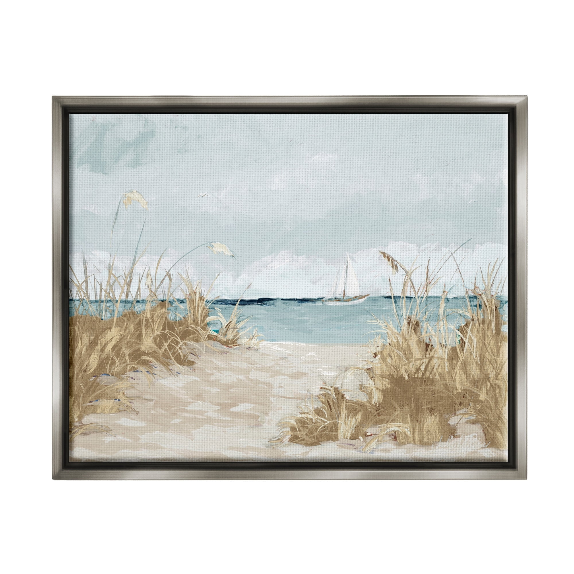 Stupell Industries Sandy Beach Walkway Distant Sailboats Floating Sea Painting Luster Gray Floating Framed Canvas Print Wall Art, Design by Julie Derice