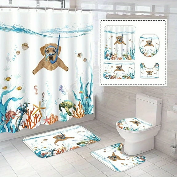 1 Pcs Funny Dog Shower Curtain Set with Rug Teal Blue Sea Ocean Bathroom Sets with Waterproof Fabric Shower Curtain Decor with Hooks (Orange)