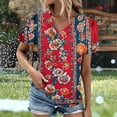 thumbnail image 3 of JTZGDY Womens Summer Short Sleeve T-Shirts Cute Floral Printed Button Wrap Cross V Neck Graphic Tunic Tops Trendy Business Work Blouse Red#01 M, 3 of 6