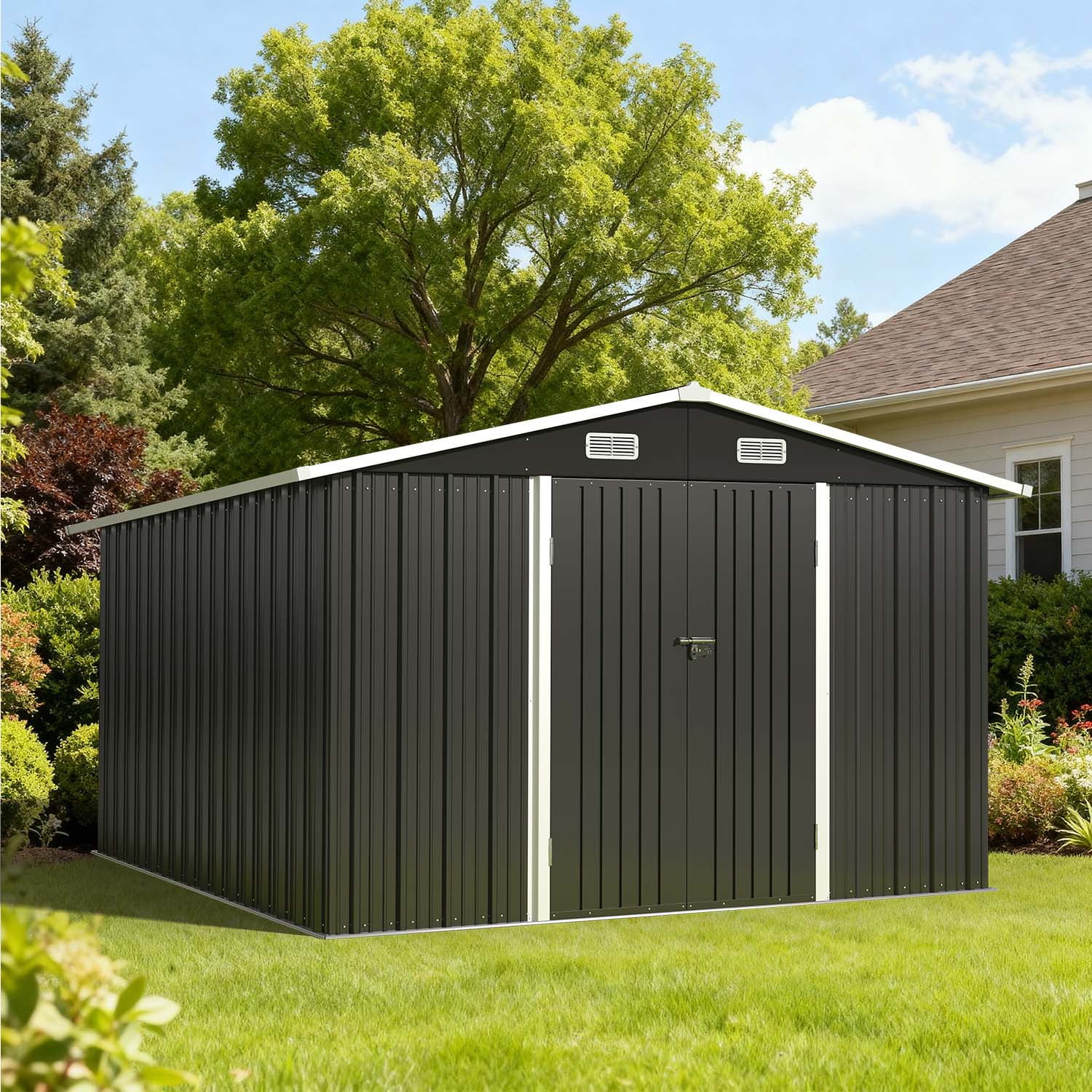 BaPiPro 10x12 ft Metal Storage Shed with Double Lockable Doors, Outdoor Storage Garden Tool Shed Bicycle Shed for Patio Backyard, Black