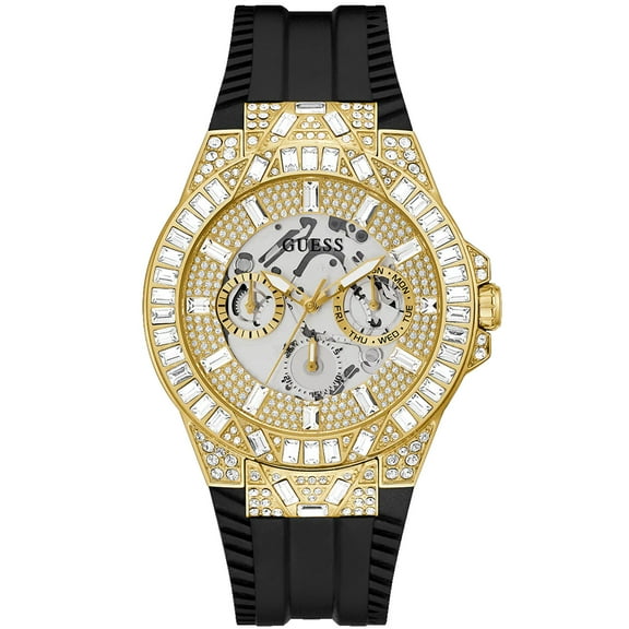Guess Mens Black Gold Tone Multi-function