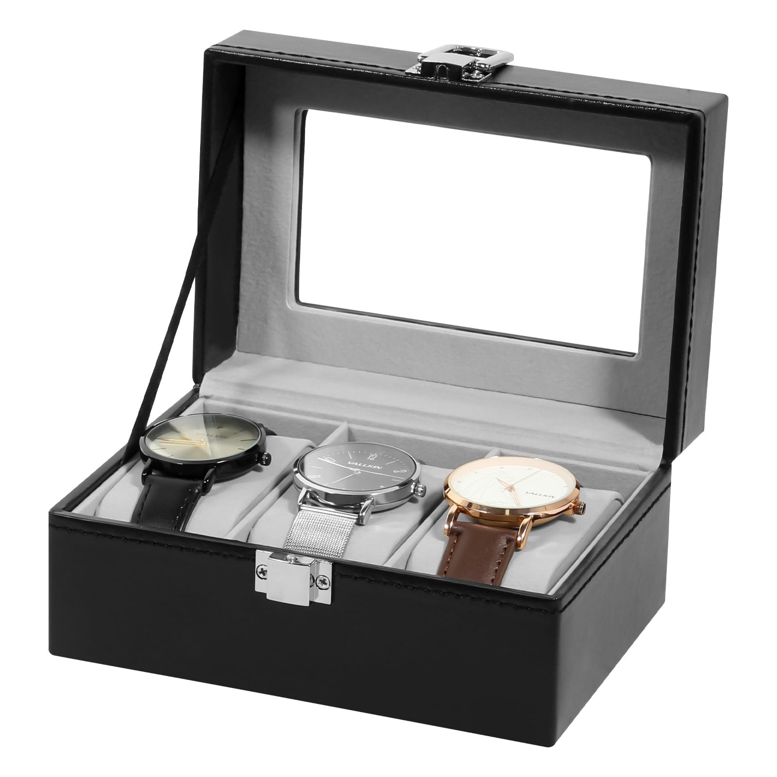 Ktaxon Black Leather Jewelry Box with Lock, Mirror and 8 Watch