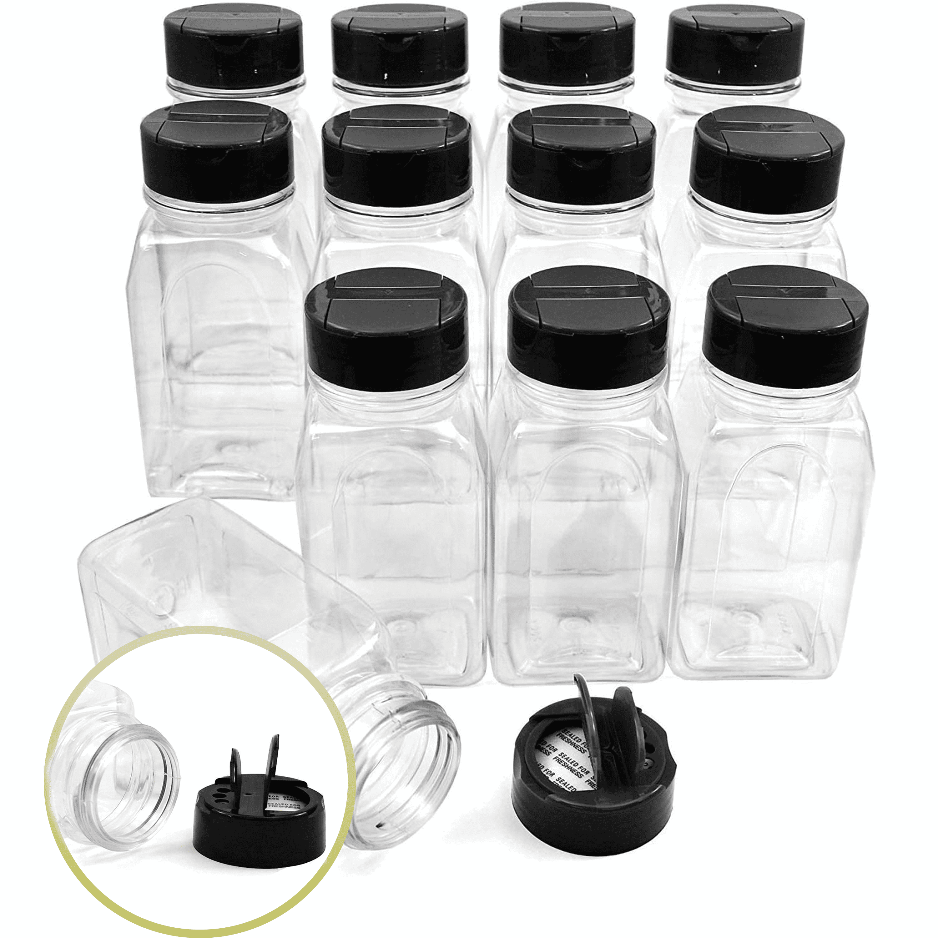 12 Pack of 6 Oz. Empty Clear Plastic Spice Bottles With Black Lids