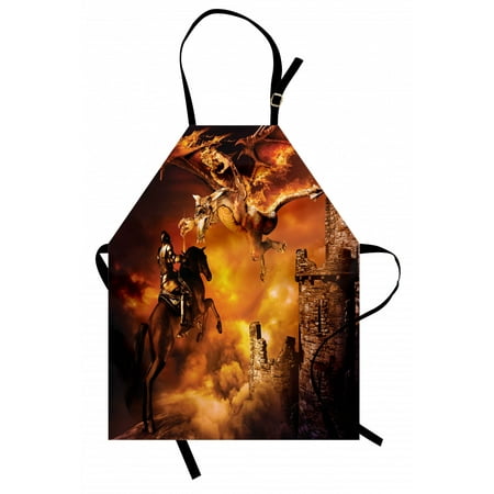 

Modern Apron Kids Nursery with a Knight on a Horse Castle Mystic Fairytale Artwork Print Unisex Kitchen Bib Apron with Adjustable Neck for Cooking Baking Gardening Black and Marigold by Ambesonne