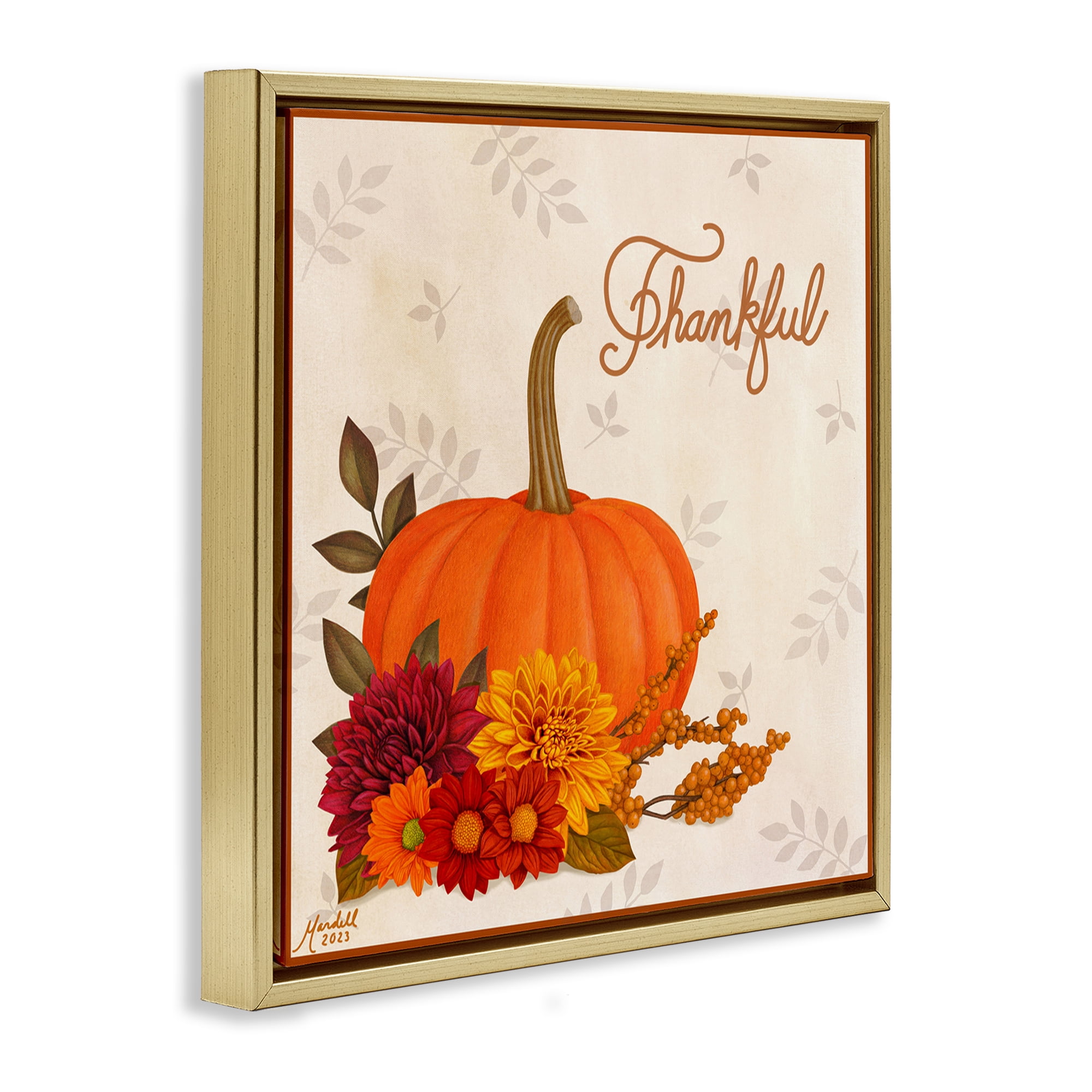 Stupell Industries Thankful Pumpkin & Florals Holiday Painting Gold Floater Framed Canvas Art Prints Wall Art, 18 x 18