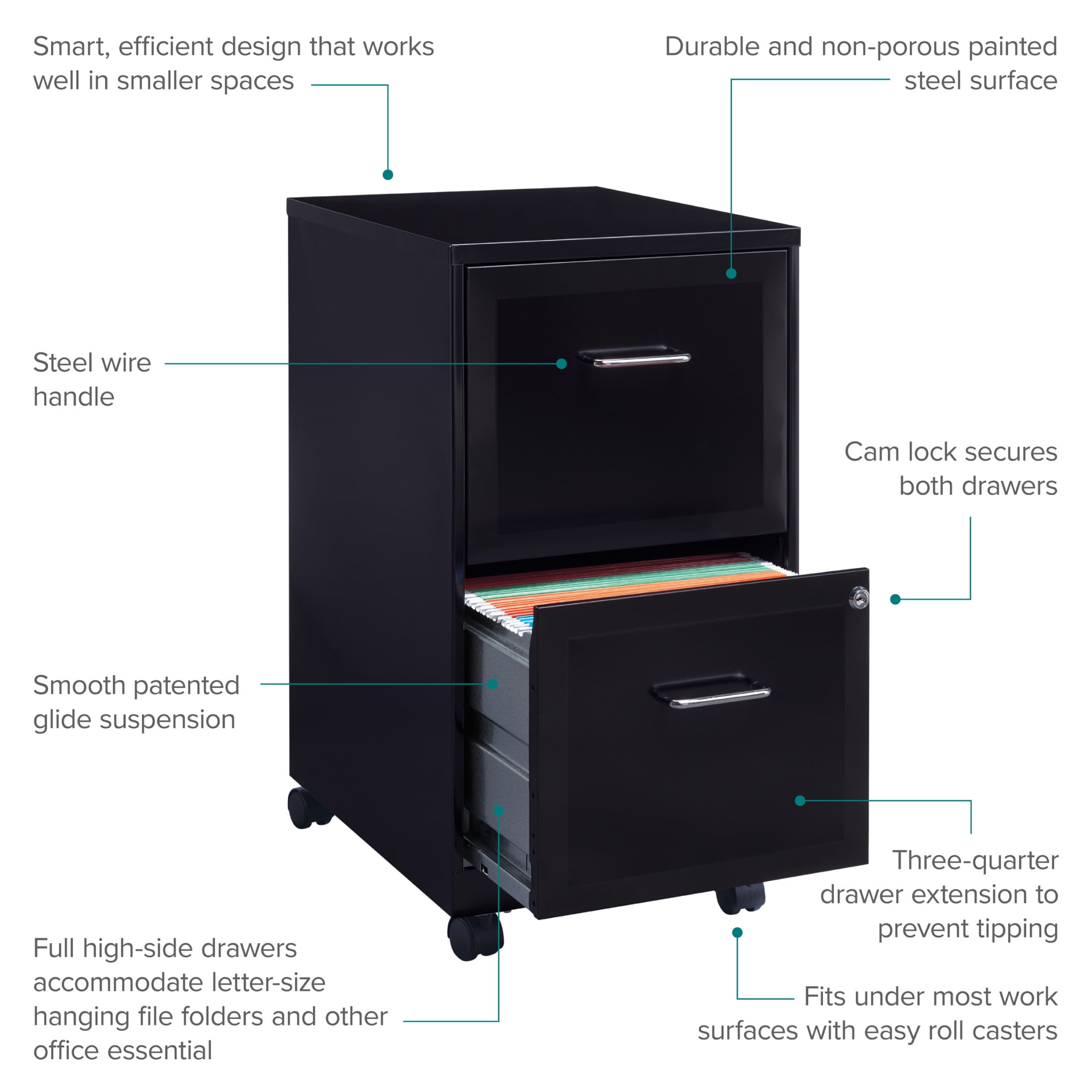 Space Solutions 18" Deep 2 Drawer Mobile Letter Width Vertical File Cabinet, Black