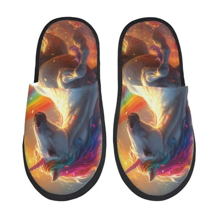 Balery Rainbow Sunset Cloud White Horse Slient Indoor Furry Fleece Comfort House Shoes Soft Non-Slip Home Shoes Cotton slippers House Slippers-- Medium
