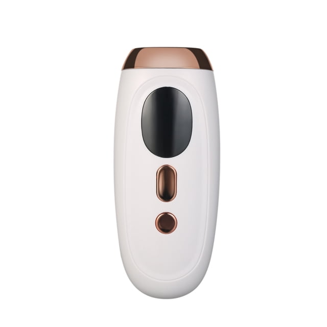 depiladora ipl con pantalla led para mujeres, tecnología fotónica para piel suave, uso en todo el cuerpo, portátil y fácil de usar, color blanco, voltaje 100-240v — Vista frontal centrada de la depiladora blanca con pantalla LED ovalada negra, dos botones metálicos en tono cobre y cuerpo ergonómico de ABS; fondo blanco neutro; tamaño compacto 17 x 7.5 x 3.5 cm (6.7 x 2.95 x 1.37 pulg.), adecuada para cara, brazos, piernas, axilas y línea del bikini; también adecuada para retoques rápidos durante viajes.
