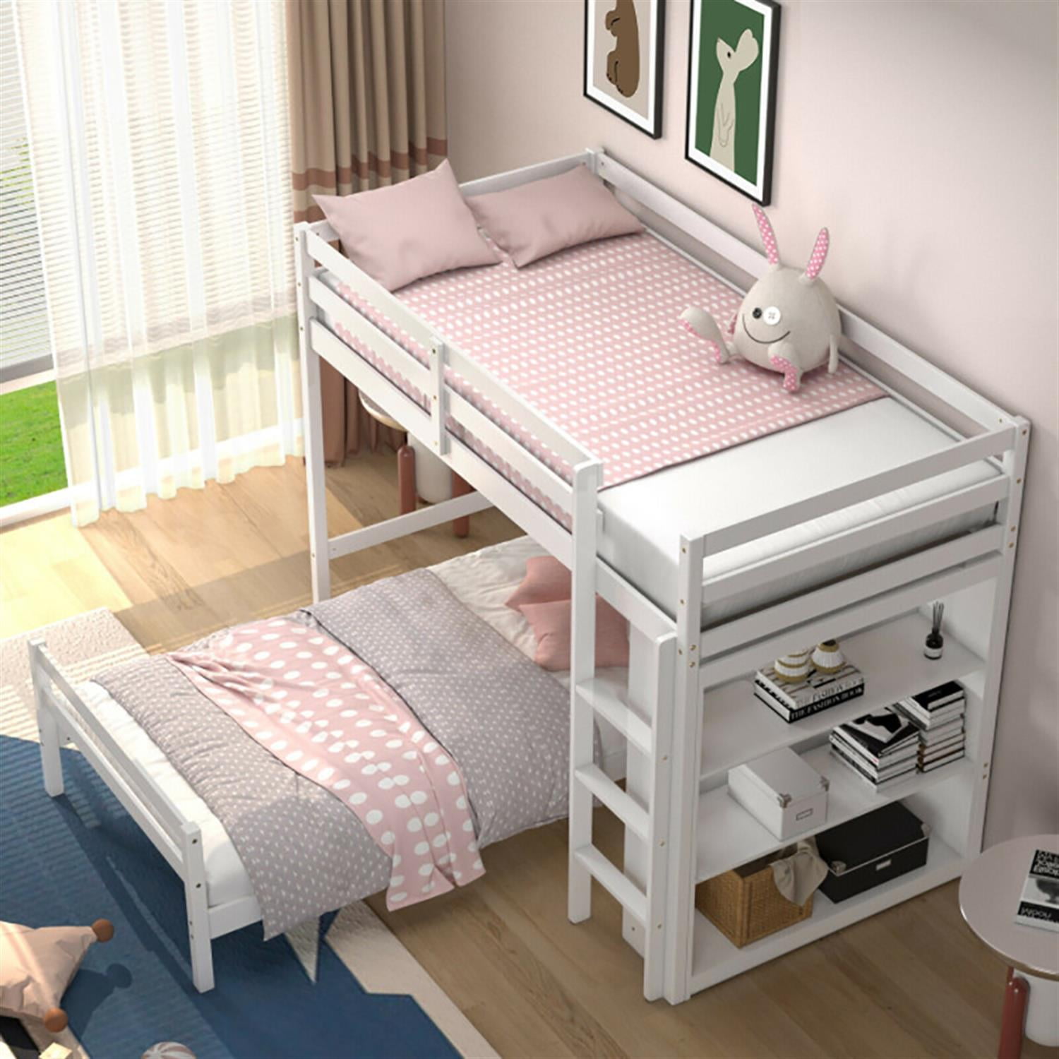 Demi Bonn Twin Over Twin Loft Bunk Bed with Bookcase, Twin Bunk Beds, Space-saving Solid Wood House Bed Frame, White