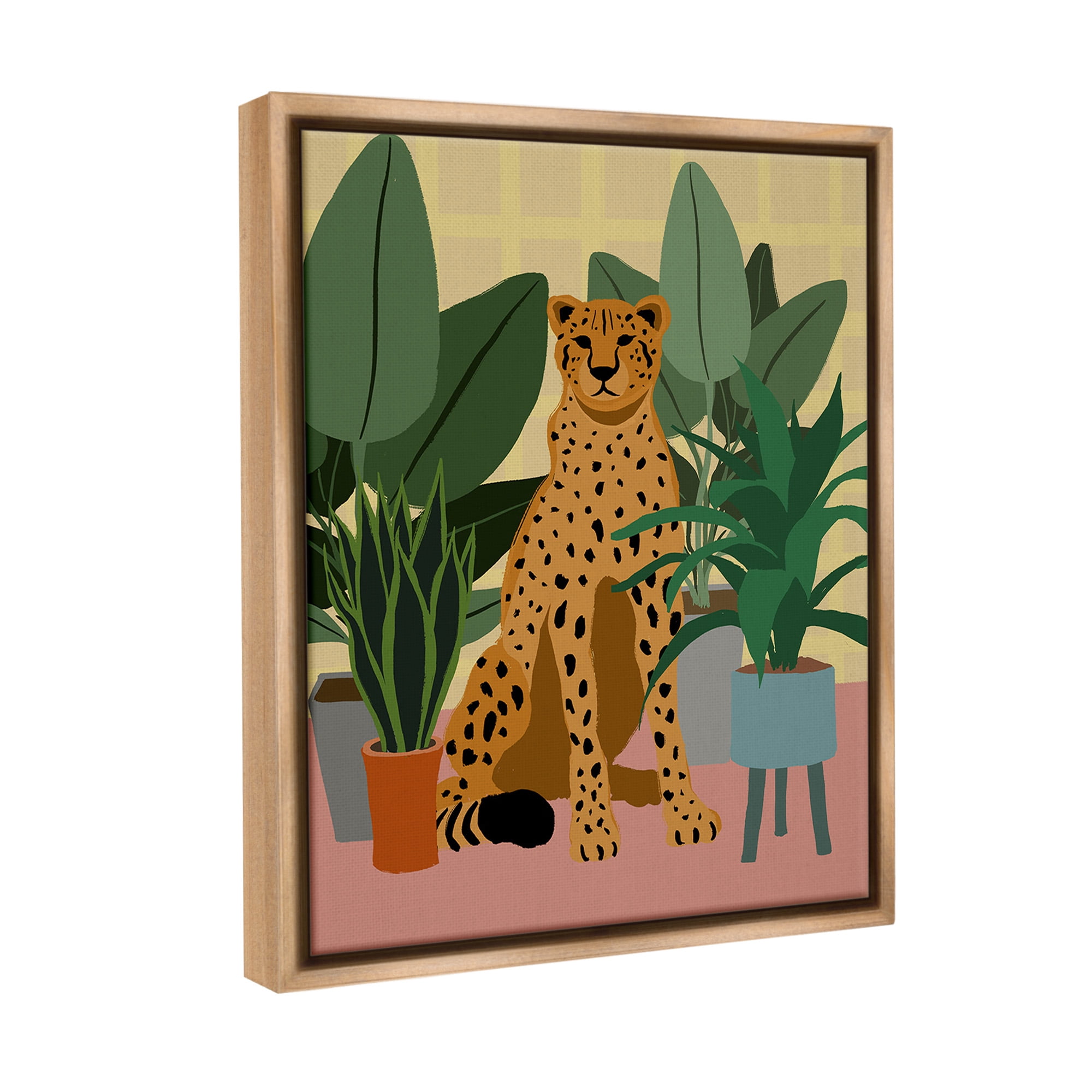 Stupell Industries Modern Leopard & Plants Animals & Insects Painting Brown Floater Framed Canvas Art Print Wall Art, 17 x 21