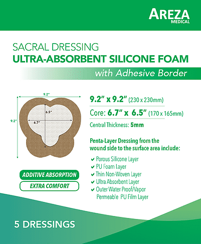 Areza Medical Sacral Silicone Superabsorbent Foam Dressing 9' X 9' Box of 5 Sterile Dressings