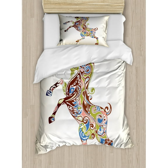 Goat Duvet Cover Set Twin Size, Reared Up Goat with Grandioso Horns and Colorful Oriental Ornaments as Zodiac Symbol, Decorative 2 Piece Bedding Set with 1 Pillow Sham, Multicolor, by Ambesonne
