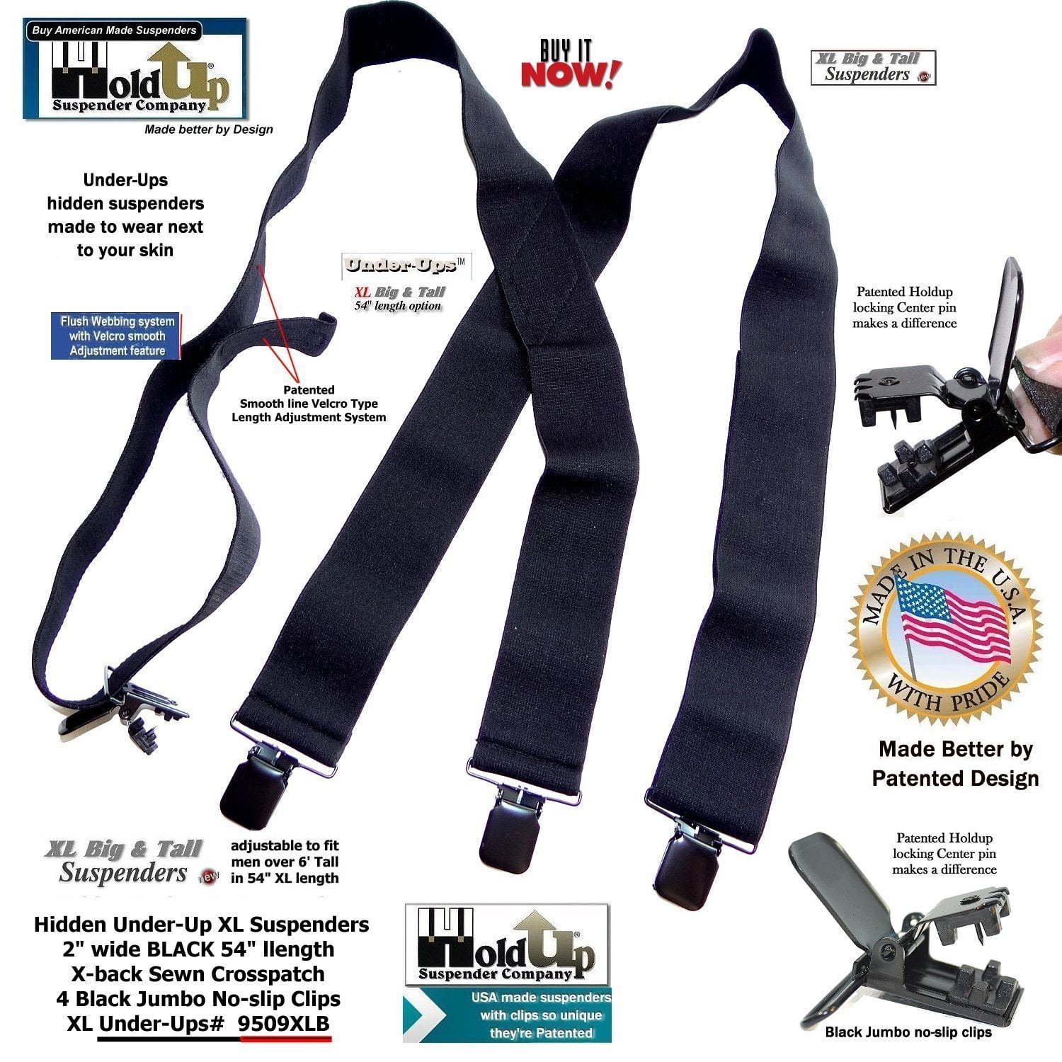 HoldUps 2" Wide Black XL Undergarment Hidden Suspenders with Patented