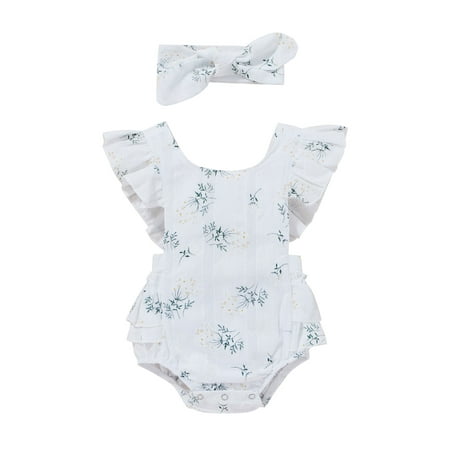 

Binpure Baby Romper with Hairband Kids Summer Flower Print Round Collar Fly Sleeve Bodysuit+ Headband