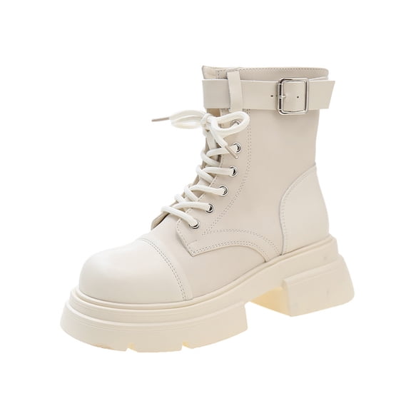 Lovskoo 2024 Women's Ankle Combat Boots Round Toe Platform Side Zipper Fall Short Booties White