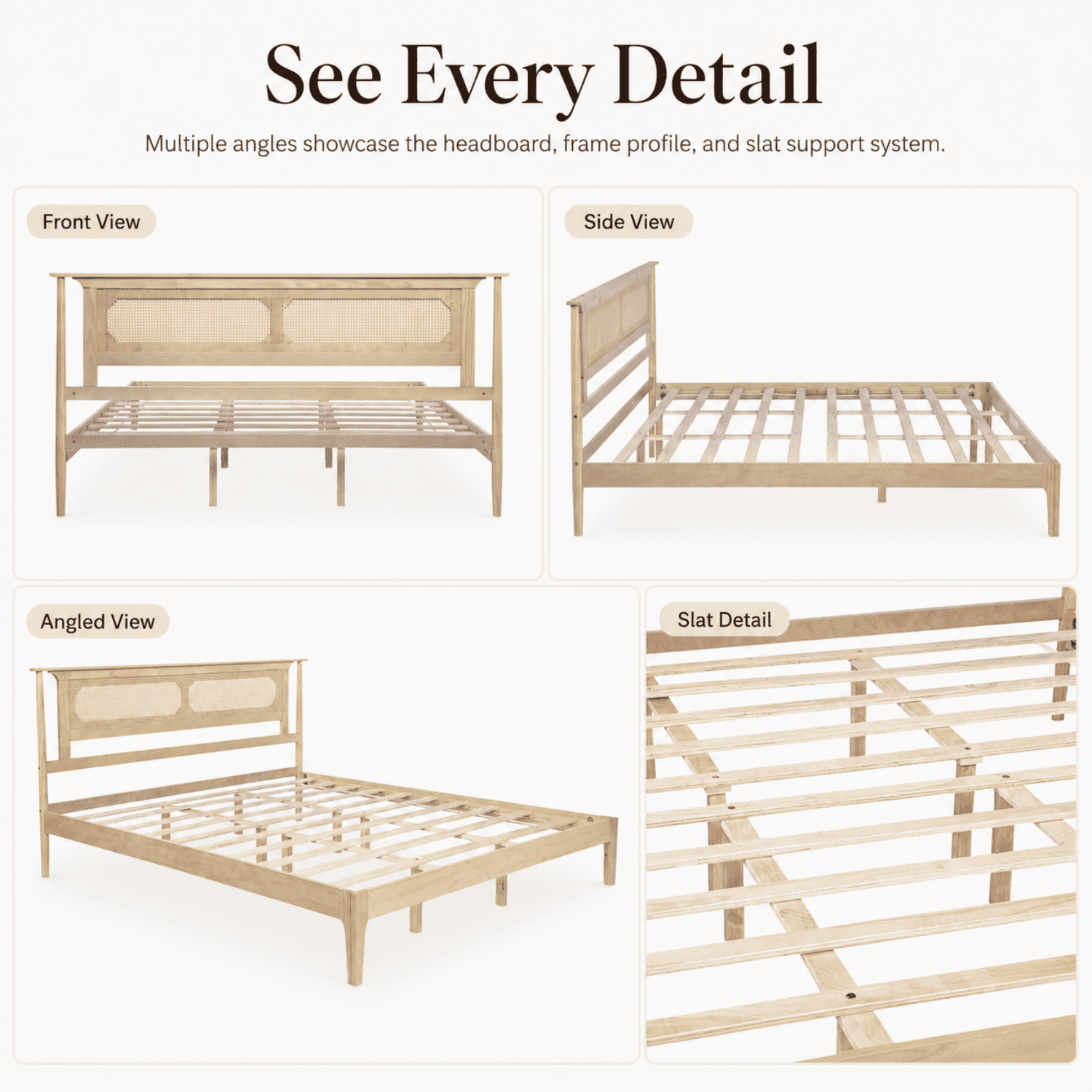 Miniyam King Bed Frame with PE Rattan Headboard, Pine Platform Bed, Natural