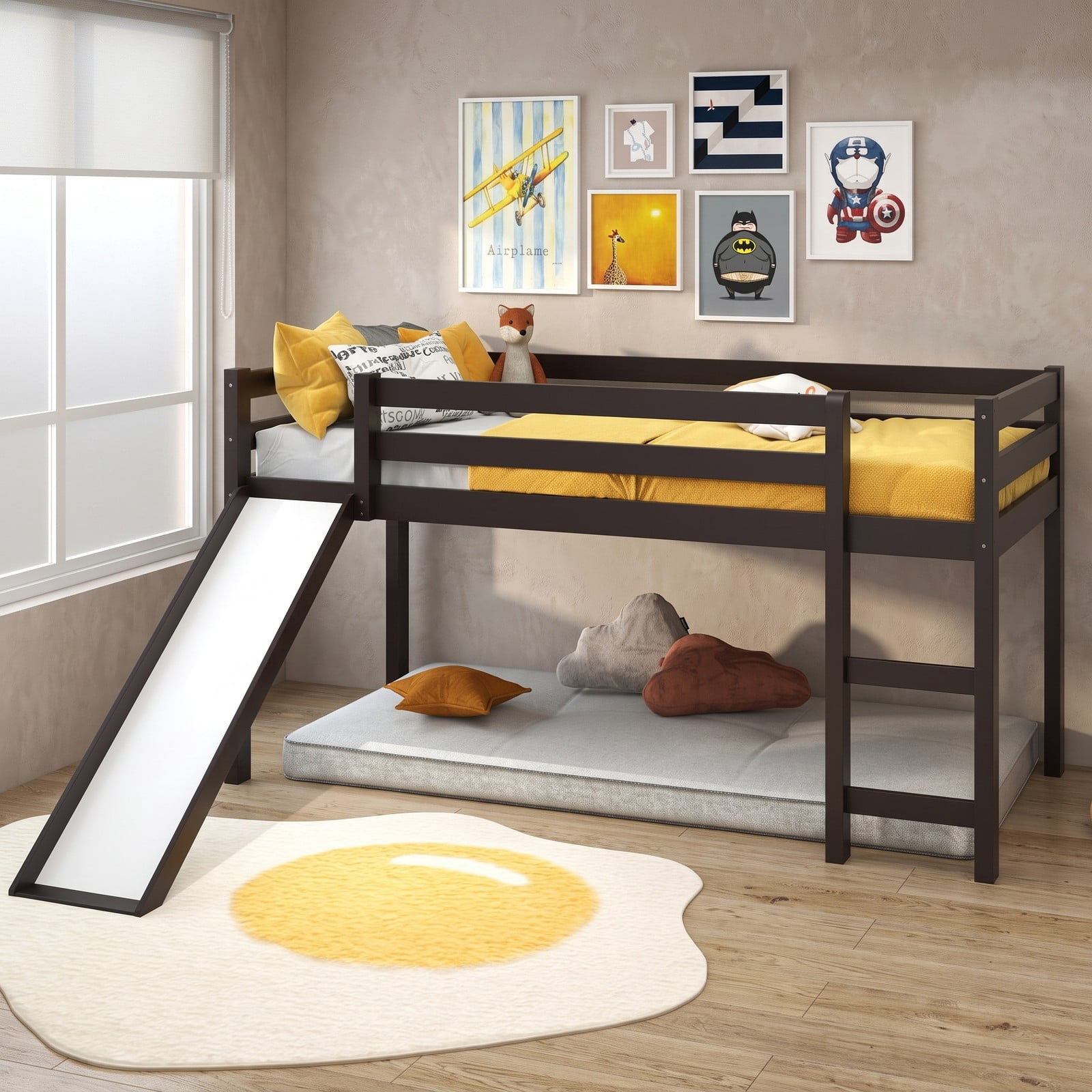 Furnibear Twin Size Low Loft Bed with Slide and Ladder for Kids Bedroom, Sturdy Wood Loft Bed Frame with Guardrails, Space-Saving, Dark Brown