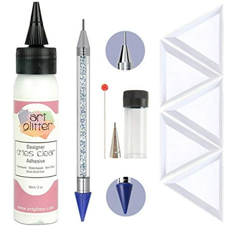 - Art Glitter Glue Designer Dries Clear Adhesive 2-ounce with Ultra Fine Metal Tip, Pixiss 6-inch Jewel Picker Setter Pickup Tool, 5x Triangle Bead Trays Wax Pencil Rhinestone Applicator Application Kit