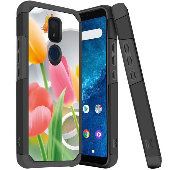 ANJ  Slim Dual Layer Hybrid Shockproof Case   Tempered Glass Cover for Cricket Icon 3, Splendor, AT&T Motivate 2 - Carnation Butterfly