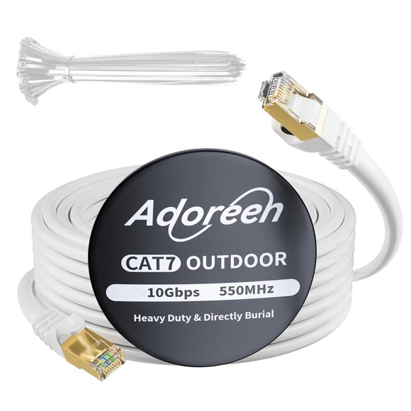 shiyou-Cat 6E Cat 7 Outdoor Ethernet Cable 30 FT White, High Speed Shielded Network Cable, S/FTP, POE, 26AWG OFC, Heavy-Duty Waterproof Direct Burial Cat 6A Internet Cable RJ45 LAN Cord+Ties-WH