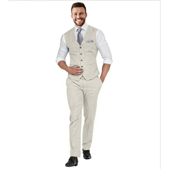 Men's Slim Fit Linen Suit Set: 2-Piece Vest & Pant for Beach Wedding, Summer, Casual & Formal Occasions
