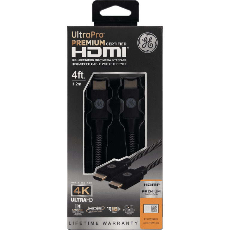 GE 4ft 4K HDMI 2.0 Cable with Built-in Ethernet, Gold-plated connectors,  48719 