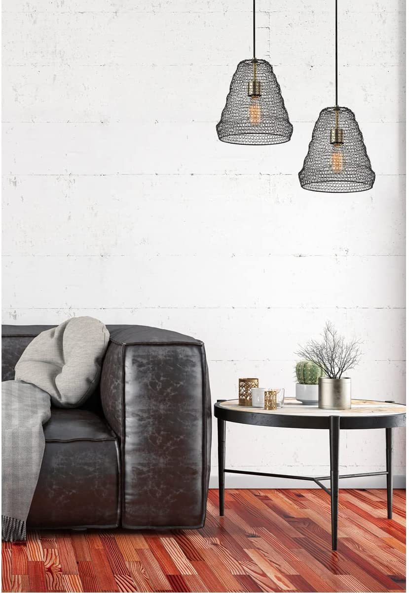 Adesso Sheridan Pendant, Black with Antique Brass Accents, Metal Wire Mesh Shade