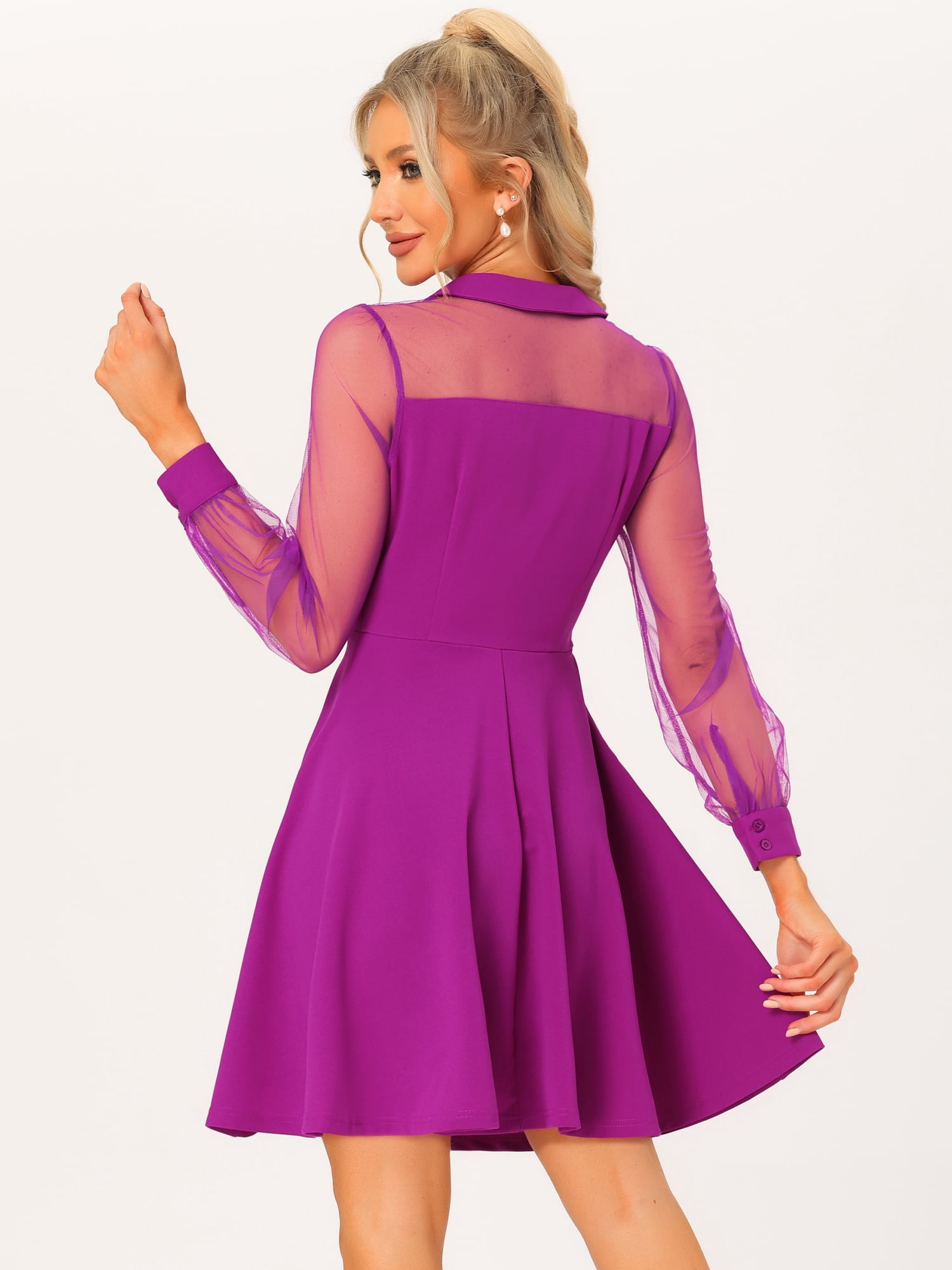 Unique Bargains Women's Retro Flat Collar Mesh Sheer Sleeve Flared Party Dress M Purple