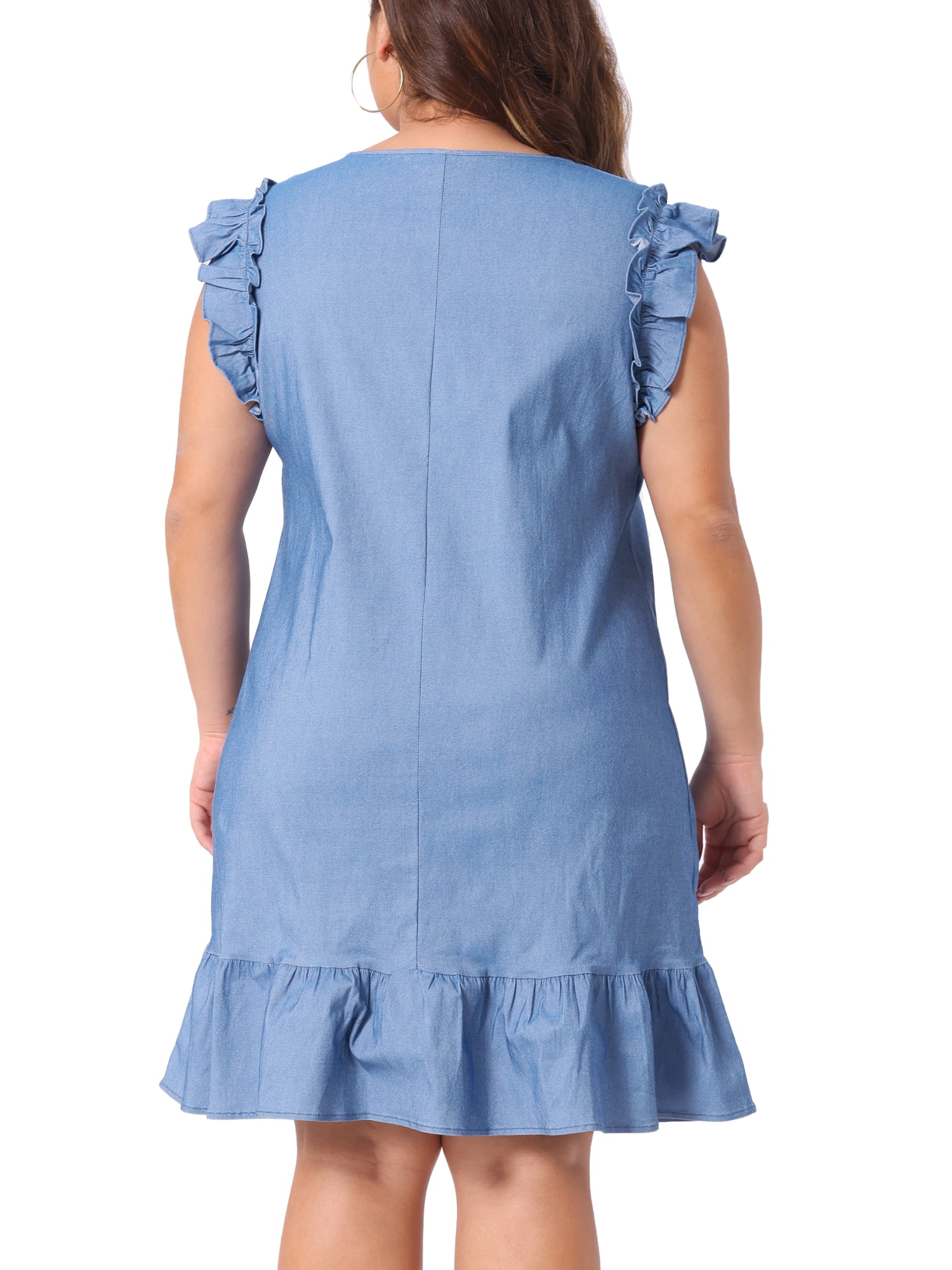 DARING DIVA Plus Size Keyhole Ruffle Shoulder Flared Sleeveless Dress 4X Light Blue