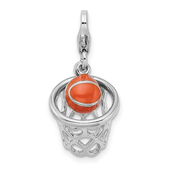 Auriga 925 Sterling Silver 3-D Moveable Enameled Basketball in Net Charm w/Lobster Clasp