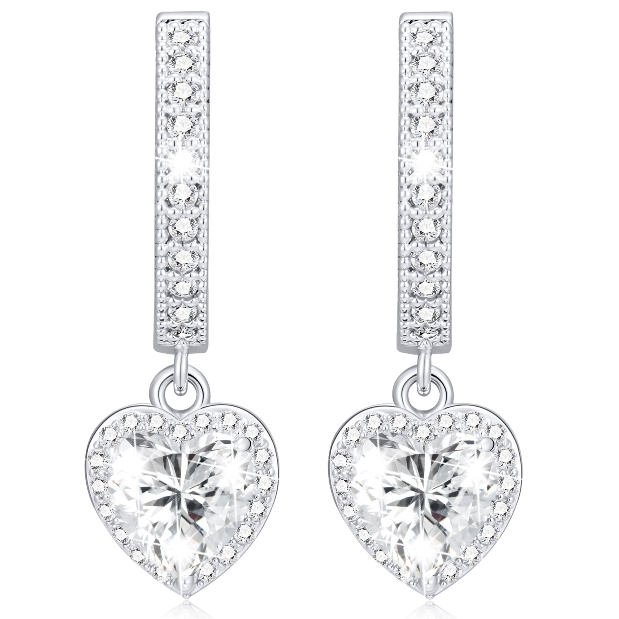 APSVO 18K White Gold Plated Love Heart Drop Earrings for Women Girls S925 Sterling Silver Post April Birthstone Earrings with CZ Birthday Graduation Jewelry Gifts Teen Her Mom Adults Kids Ideas