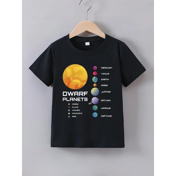 children’s wear Kids Solar System Dwarf Planets Educational Science Graphic T-Shirt, Cute Outer Space Astronomy Black Cotton Tee for Boys and Girls