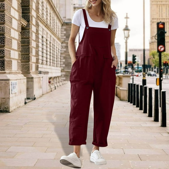 Yotami Comfortable Jumpsuit for Women Summer Wide Leg Sleeveless Solid Color Cotton Linen Rompers for Vacation Loose Fit Soft Suspender Jumpsuits with Pocket, Wine, XL