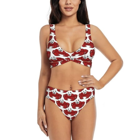 Zeuib Cute Red Crab High Waisted Tummy Control Bikini Set - Knot Front Push Up Top & Cheeky Thong Bottom  Two-Piece Swimsuit for Women-Large