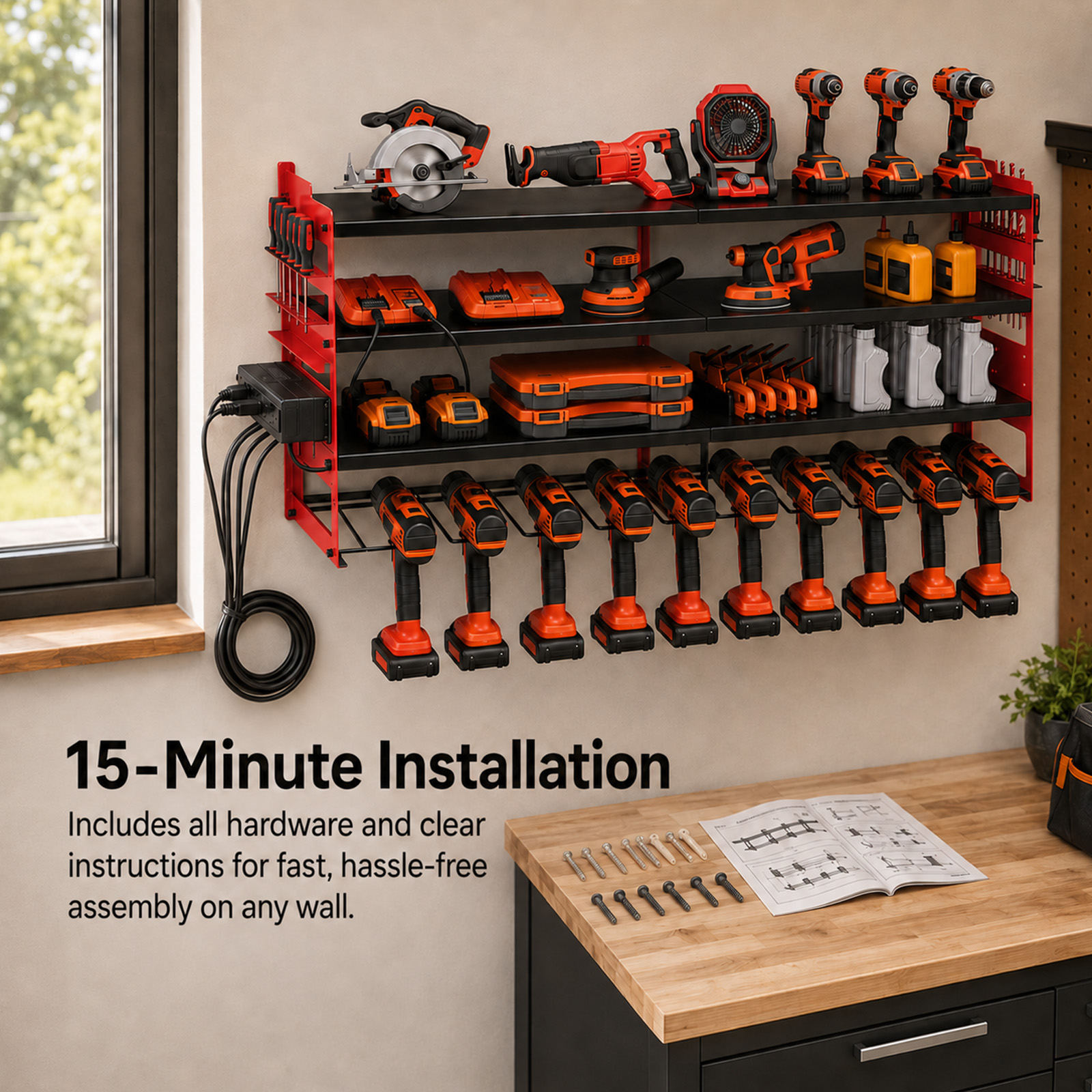Alvantor 4-Tier Electric Tool Storage Rack with Charging Station, Power Tool Organizer with Screwdriver/Hammer/Air Tool Rack