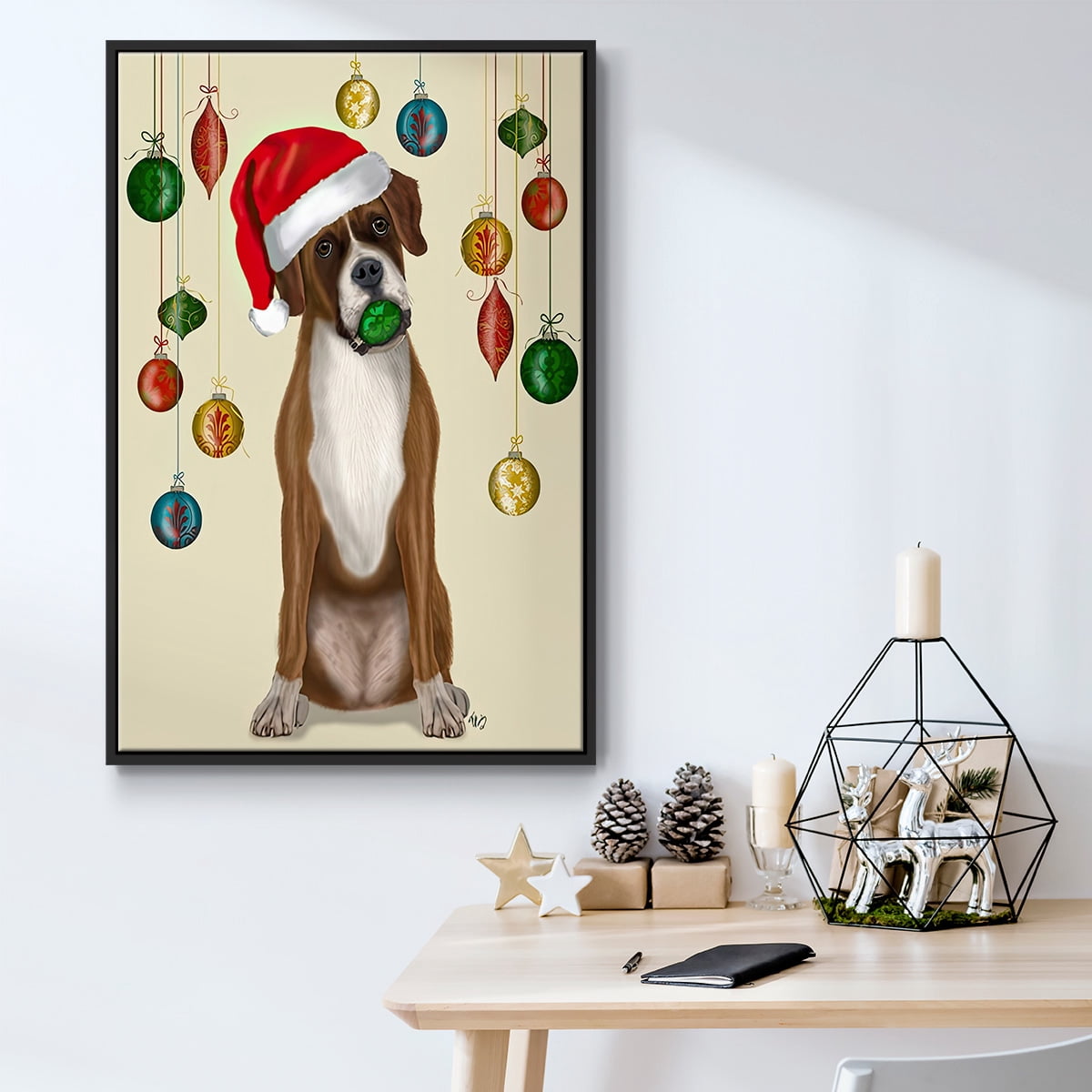 Christmas Boxer and Bauble Ball - Framed Gallery Wrapped Holiday Canvas - 17 x 25 - Black Frame