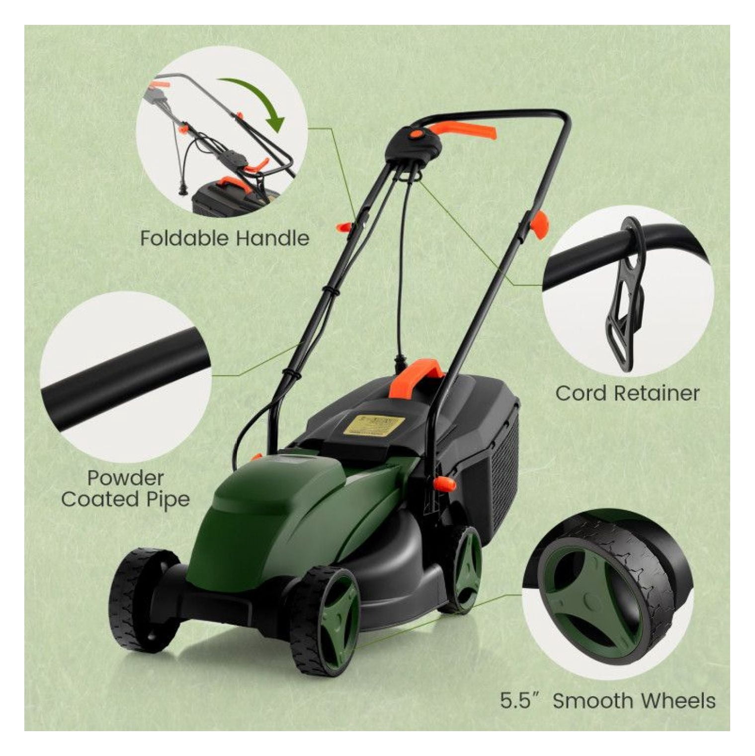 Electric Lawn Mower 13.5 Inch, 15A Corded Mower with 9 Gal Collection Box, 3-Position Height Adjustment, Foldable Handle, Lightweight Lawn Mower