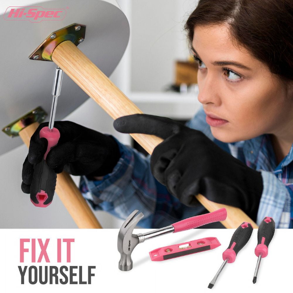 Hi-Spec 42pc Pink Household DIY Tool Set for Home, Office, College Dorm - Starter Basic Ladies Tools