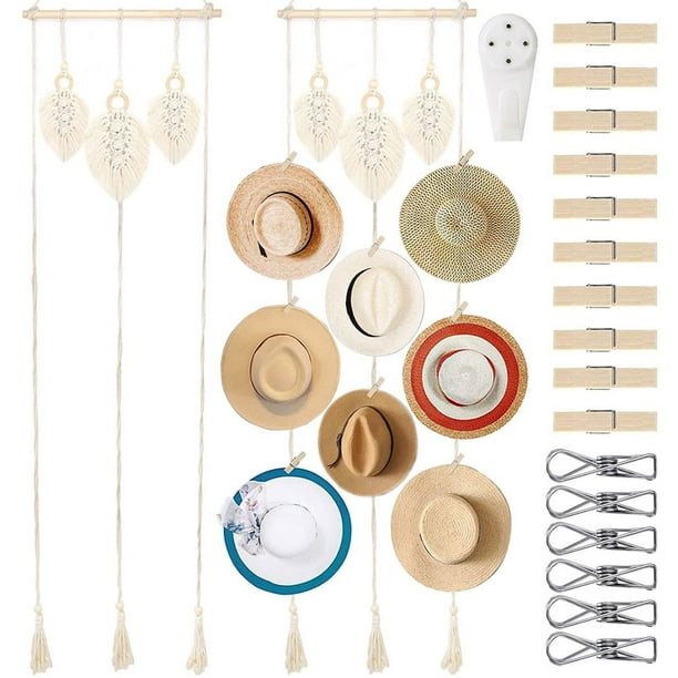 EIMELI Hat Organizer with 16 Clips Hand Weaving Decorative Hat Hanger Boho  Style Hat Rack Tassels Multipurpose Hat Storage Holder for Wide Brim Fedora  Hats Display Home Office Store 