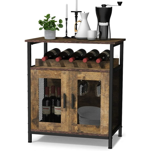 Wine Bar Cabinet for Liquor and Glasses, Home Liquor Cabinet, Coffee Bar Cabinet with Wine Rack and Glass Holder, Industrial Sideboard Buffet Cabinet with Storage for Kitchen