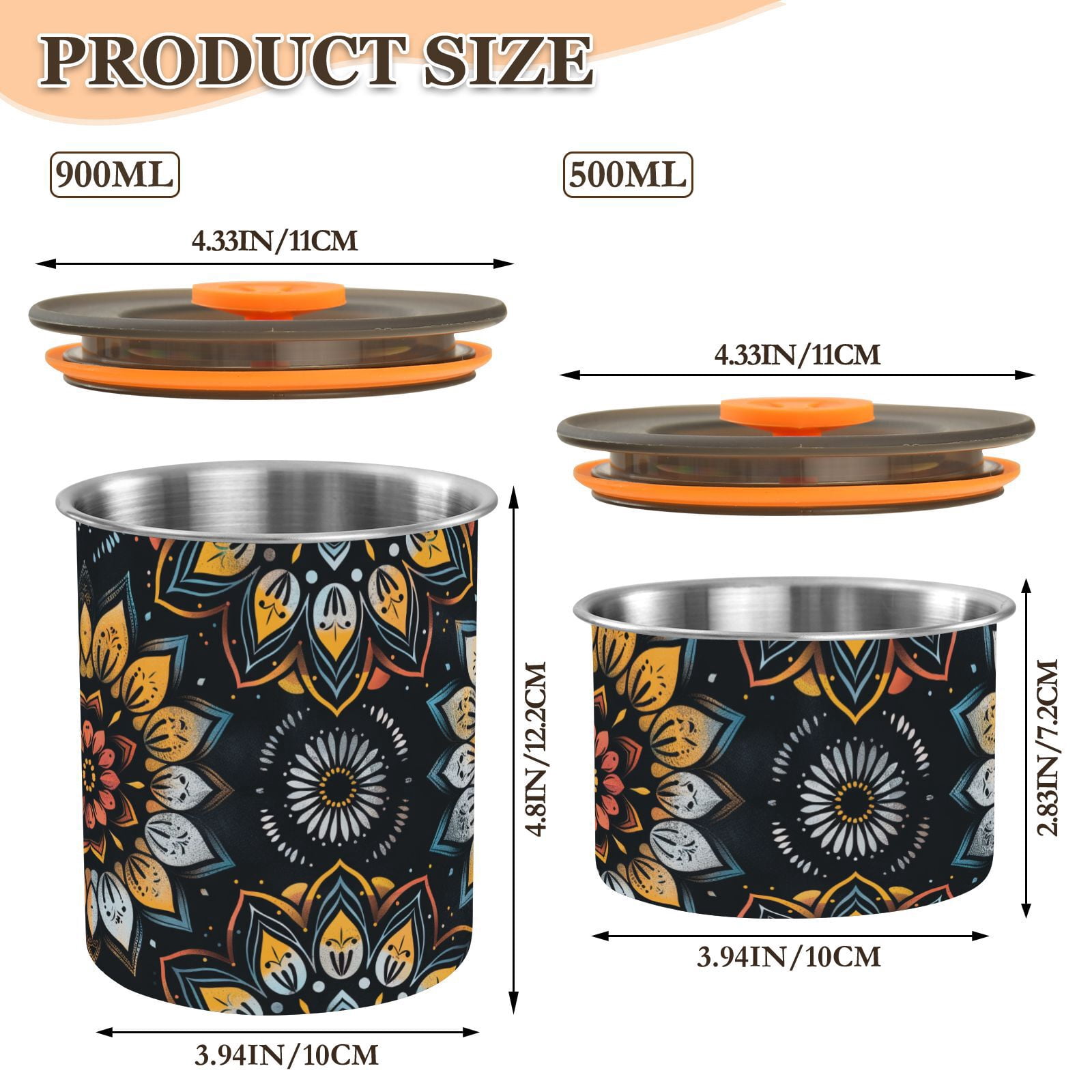 Mandala Flower Floral Airtight Coffee Bean Canister 30oz Food Storage Containers with Lids For Gournd, Tea, Sugar, Flour, Rice, Cereal, Candy Cookie Jar