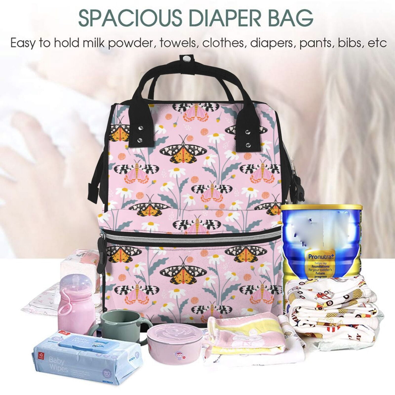 Fuzoiu Pink Butterfly Daisy Print Diaper Bag Backpack,Baby Essentials Travel Tote,Multi function Waterproof Diaper Bag, Travel Essentials Baby Bag - Unisex