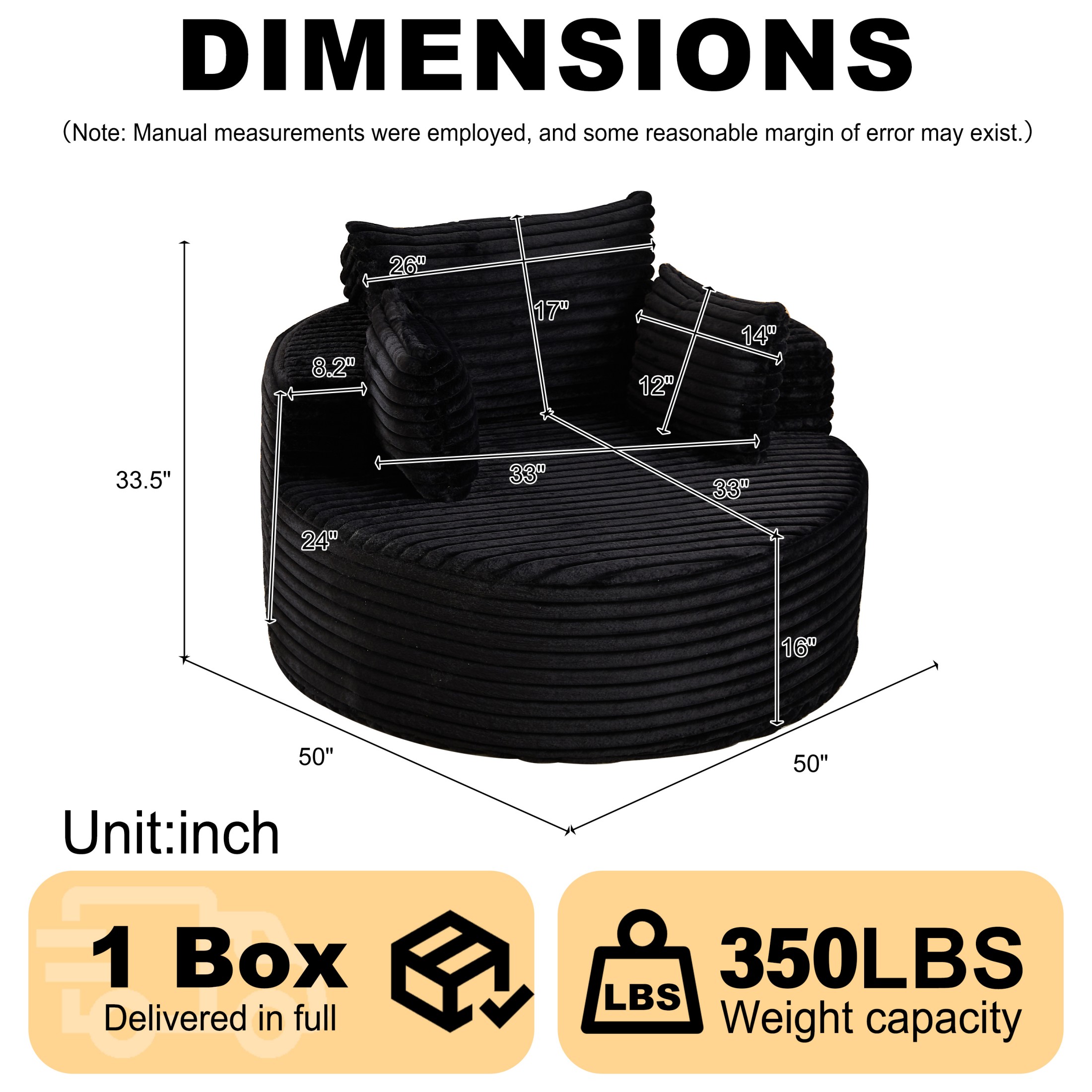 Aukfa 50" Oversized Corduroy Round Sofa Chair, Modern Deep Seat Chaise Lounge Chair Indoor with Pillows, No Assembly Required, Black