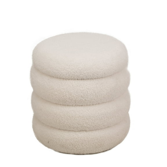 White Boucle Pouf with Storage Vintage Style Living Room