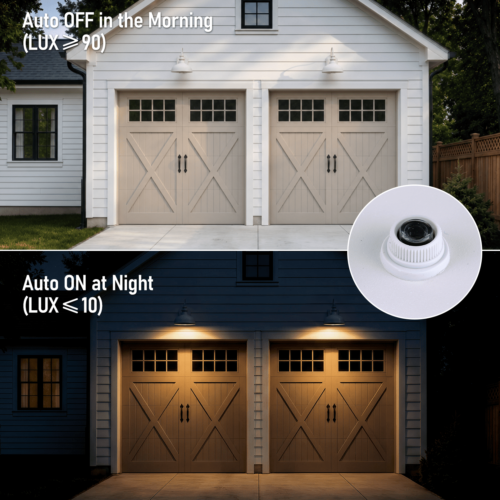 2 Pack Gooseneck Barn Light with GFCI Outlet, Outdoor E26 Base Dusk to Dawn Floodlight, Farmhouse Wall Lantern, White