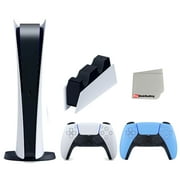 Sony Playstation 5 Digital Edition Console with Extra Blue Controller and DualSense Charging Station Bundle with Cleaning Cloth