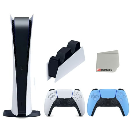 Sony Playstation 5 Digital Edition Console with Extra Blue Controller and DualSense Charging Station Bundle with Cleaning Cloth